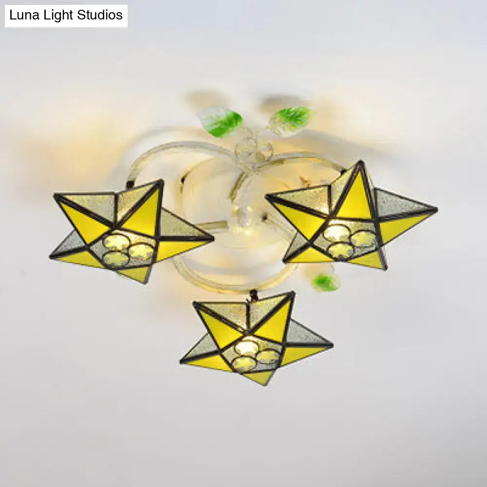 Decorbites modern tiffany stained glass flush mount ceiling light with yellow star-shaped heads and clear glass accents compatible with 110v-120v and 220v-240v led incandescent fluorescent bulbs