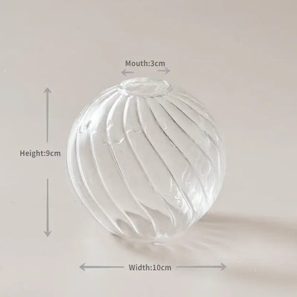 Decorbites modern transparent glass vase set featuring a 9cm tall clear spherical vase with vertical ribbed texture