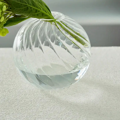 DecorBites™ modern transparent glass spherical vase with vertical ribbed texture holding green hydrangea stems in water