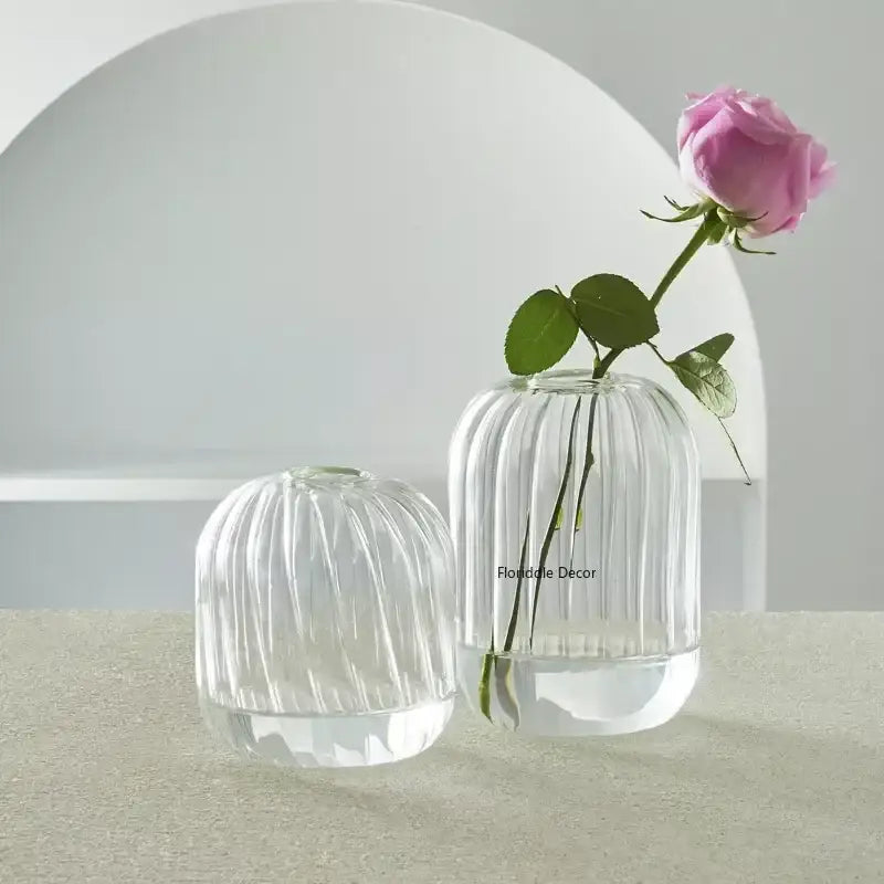 Decorbites™ modern transparent glass vases set with vertical ribbed texture and a pink rose to decorate root areas
