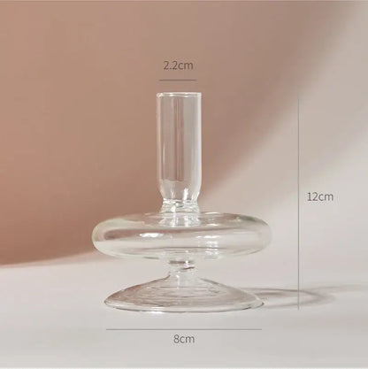 Decorbites™ clear glass candle holder with slender stem and wide flat base to decorate root areas width 750px height