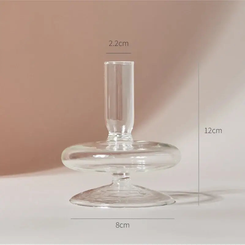 Decorbites™ clear glass candle holder with slender stem and wide flat base to decorate root areas width 750px height