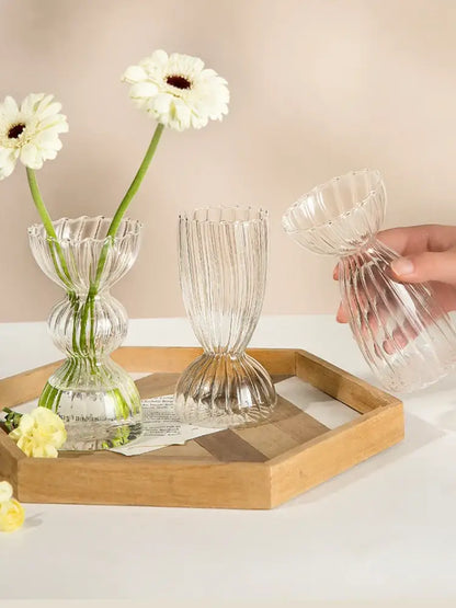DecorBites™ modern transparent glass vases set featuring clear ribbed fluted tiered design to decorate root spaces