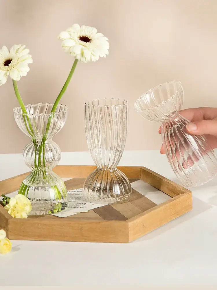 Decorbites™ modern transparent glass vases set with clear ribbed fluted tiered design to decorate root width 750px height