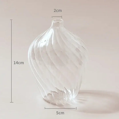 DecorBites modern transparent glass vase with twisted ribbed design and fluted base to decorate root spaces
