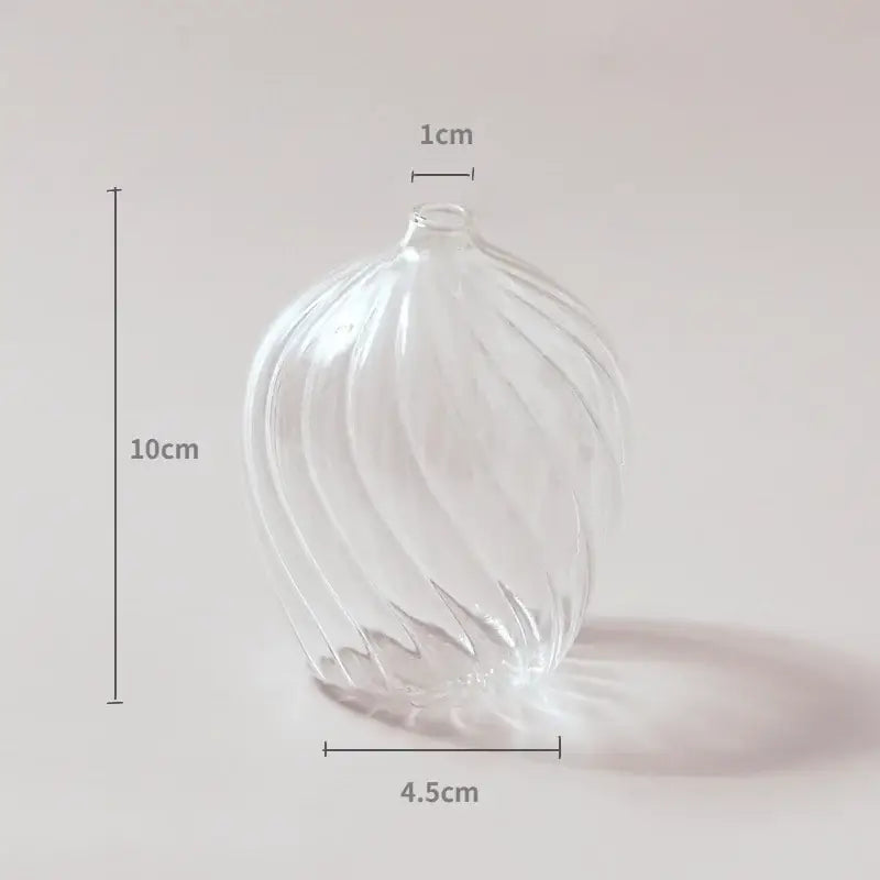 Decorbites™ modern transparent glass vase with twisted ribbed design and rounded shape to decorate root spaces