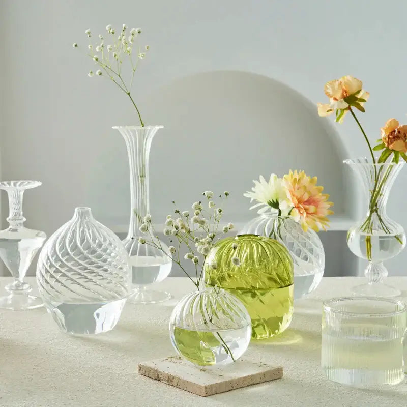 DecorBites™ modern transparent glass vase in translucent lime green with rounded textured surface and wide opening