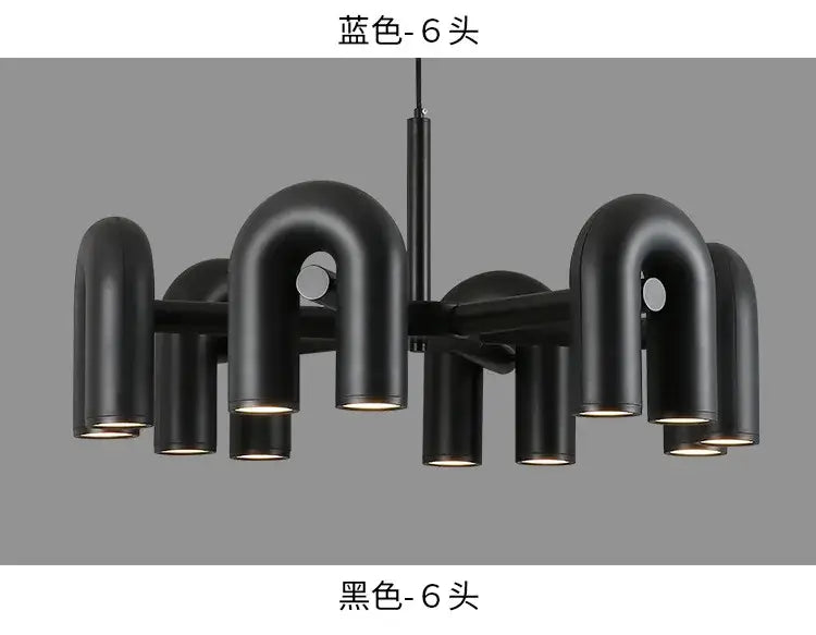 DecorBites modern u-shaped led ceiling chandelier with black matte finish and six curved pipe-like arms