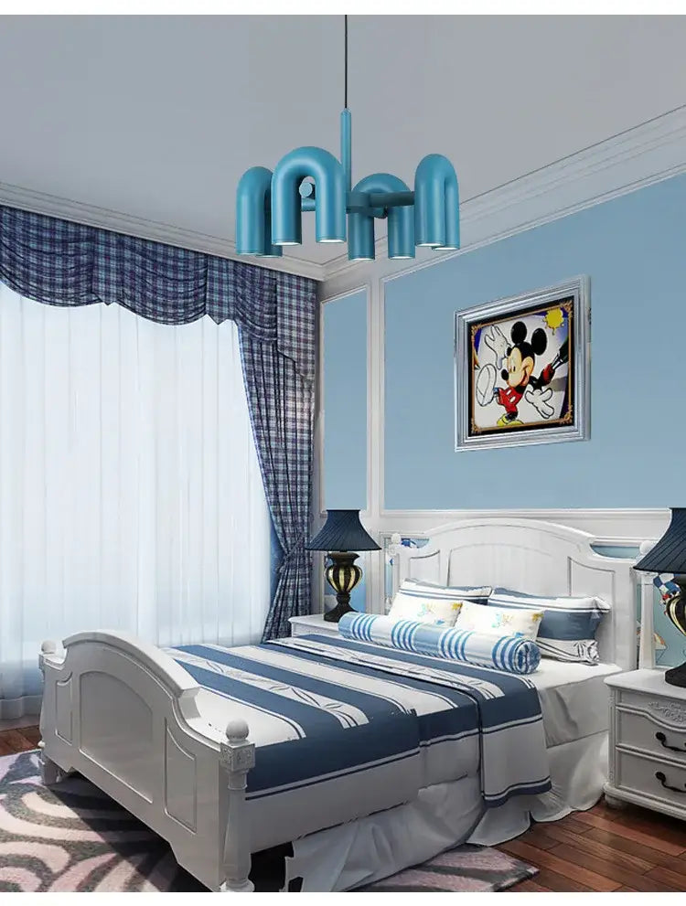 Decorbites™ modern u-shaped led ceiling chandelier with blue curved tubular arms and sleek metallic finish ceiling chandelier