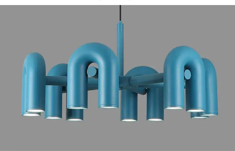 DecorBites™ modern blue industrial-style led ceiling chandelier with curved pipe arms and cylindrical light fixtures