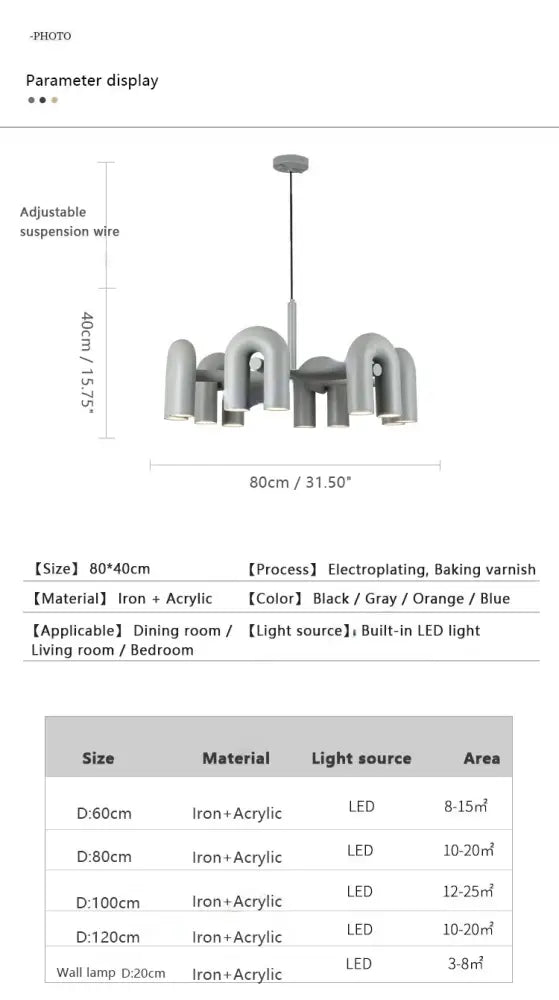 DecorBites™ modern gray industrial-style led ceiling chandelier with geometric curved arms and integrated led lighting