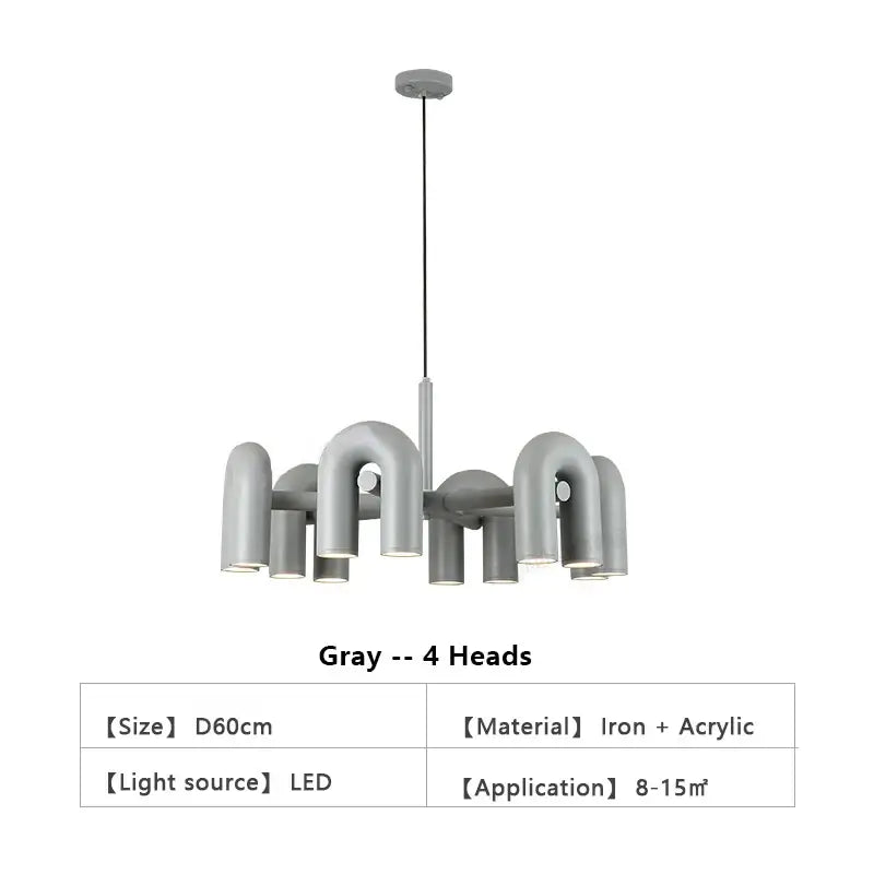 Gray modern led ceiling chandelier by decorbites with four u-shaped iron and acrylic lamp heads