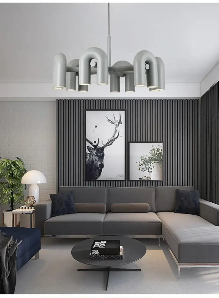 DecorBites modern gray u-shaped led ceiling chandelier pipe-style pendant light fixture hanging from ceiling