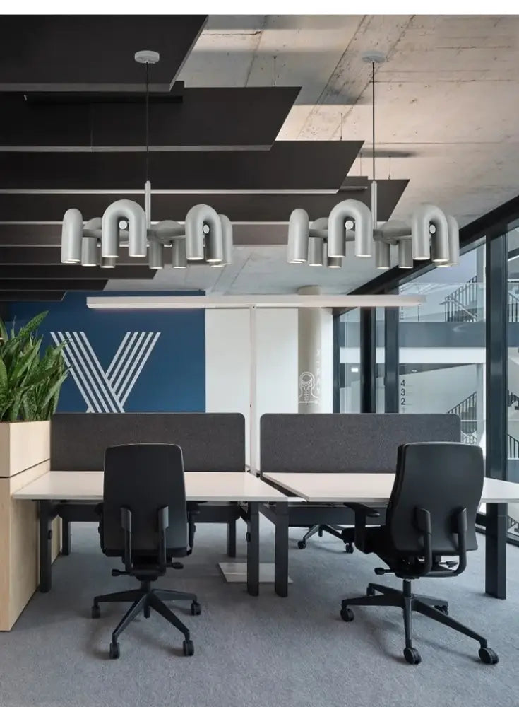 Decorbites modern u-shaped led ceiling chandelier with metallic silver finish and industrial pipe-like design
