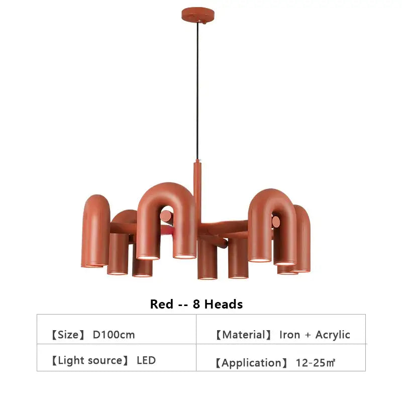 DecorBites™ modern red led ceiling chandelier with eight curved iron and acrylic arms for elegant lighting