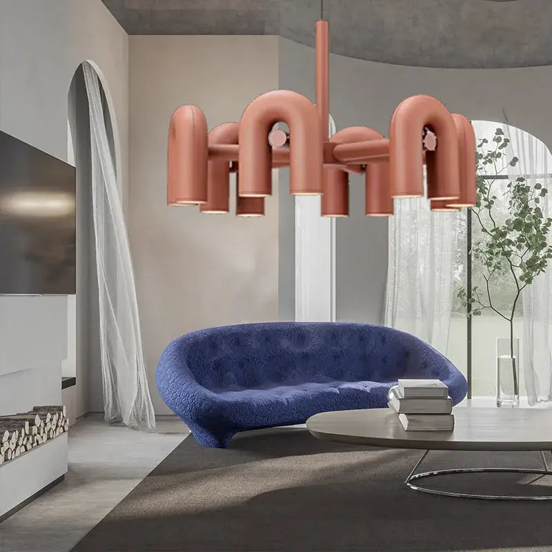 Decorbites modern u-shaped led ceiling chandelier with matte rose gold sculptural curved tubular arms