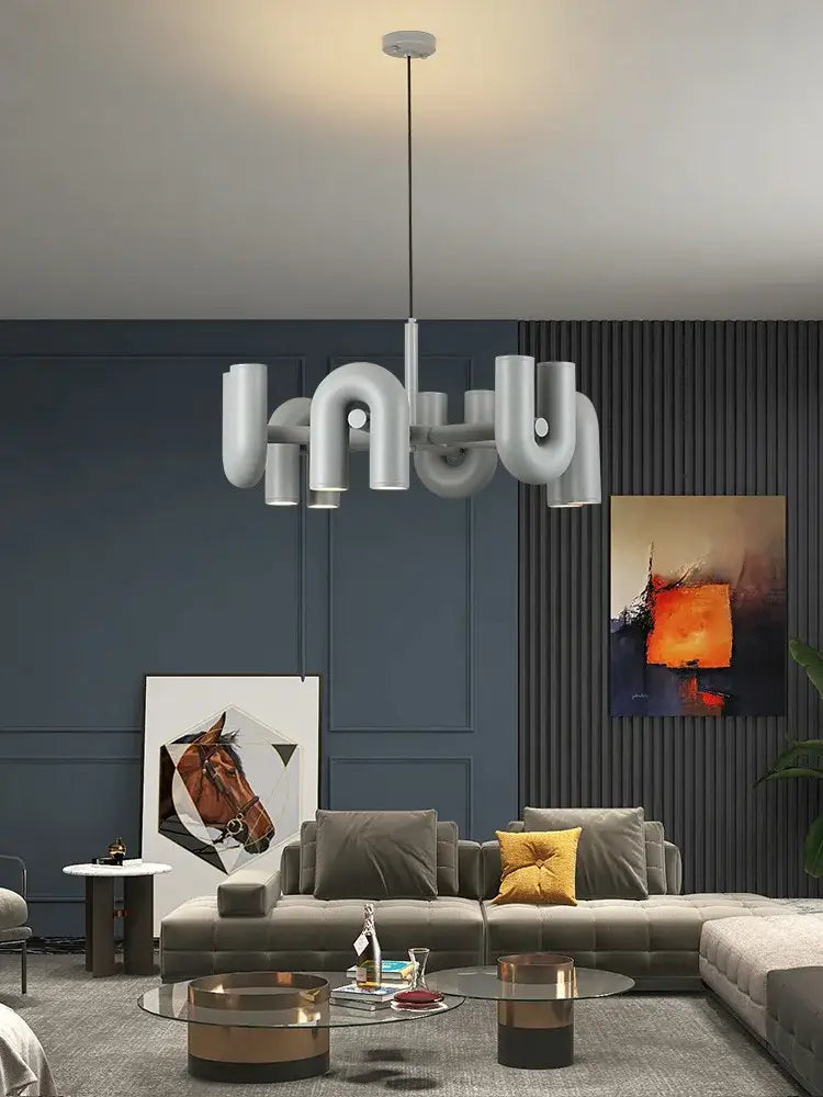 Modern white pipe-style pendant led ceiling chandelier by DecorBites with sleek industrial design and u-shaped structure
