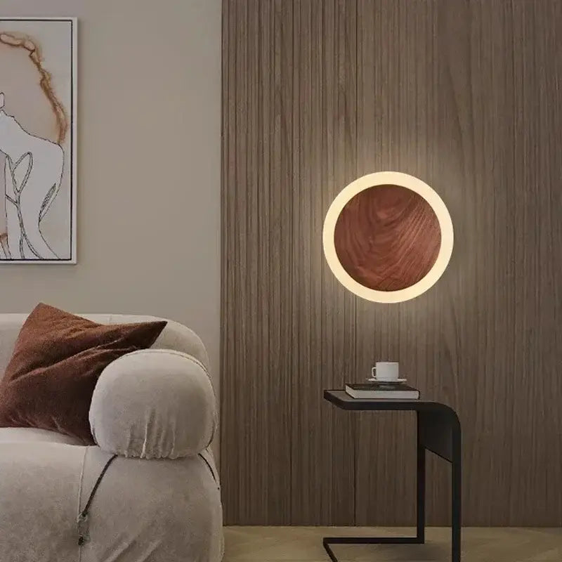 DecorBites™ modern walnut led wall light with circular design warm glow wooden center and sleek metallic ring