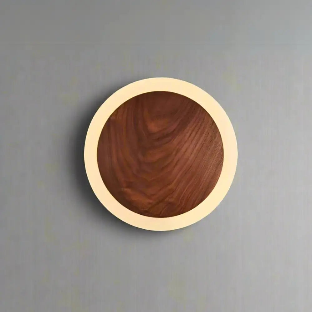 Decorbites™ modern walnut led wall light featuring a circular wooden bowl design with dark walnut interior and beige rim