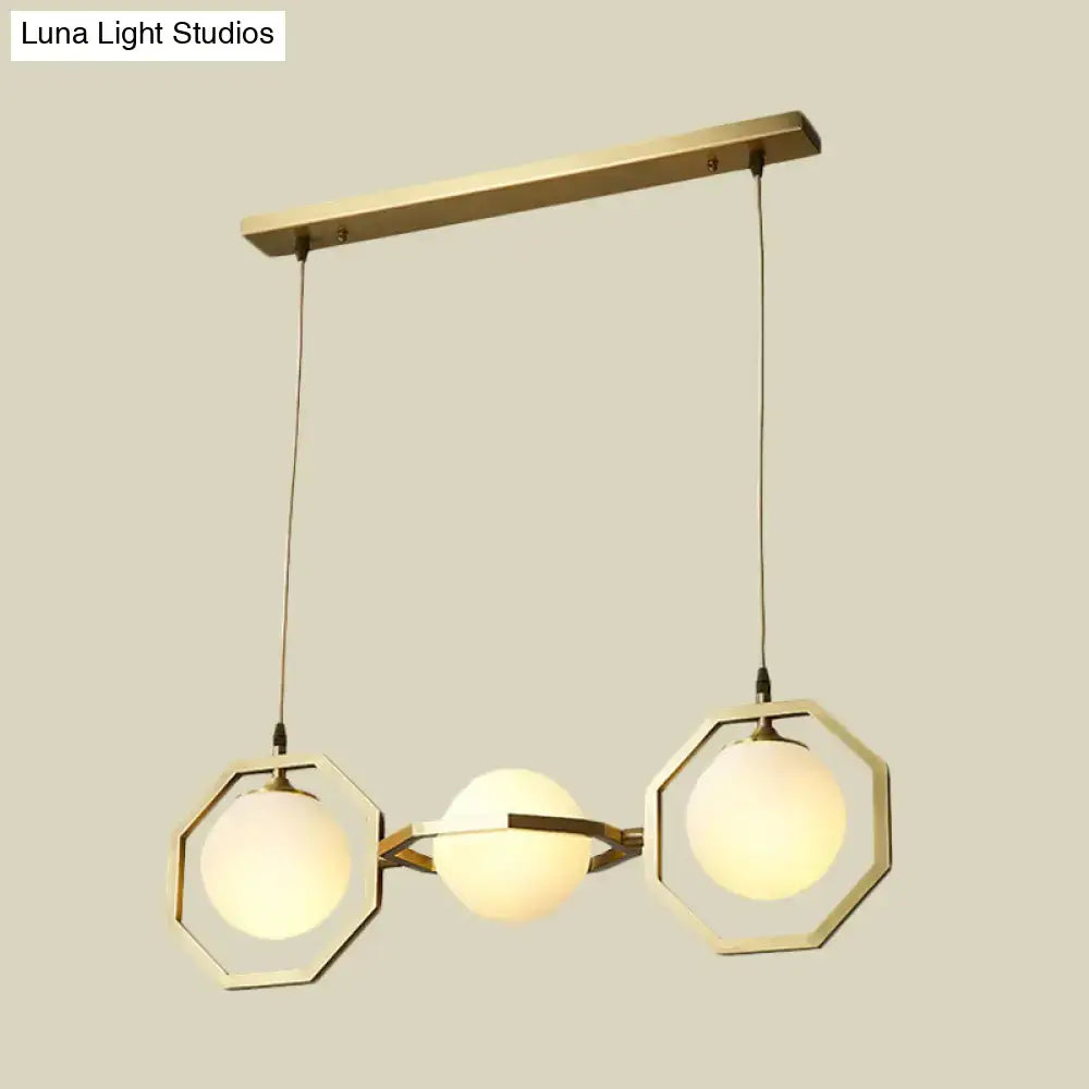 Decorbites modern 3-light ceiling pendant lamp with white frosted glass orb shades and gold octagon frame