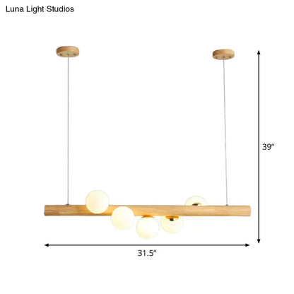 Decorbites modern wood stick pendant light kit with five beige frosted glass bulbs for dining room island lighting
