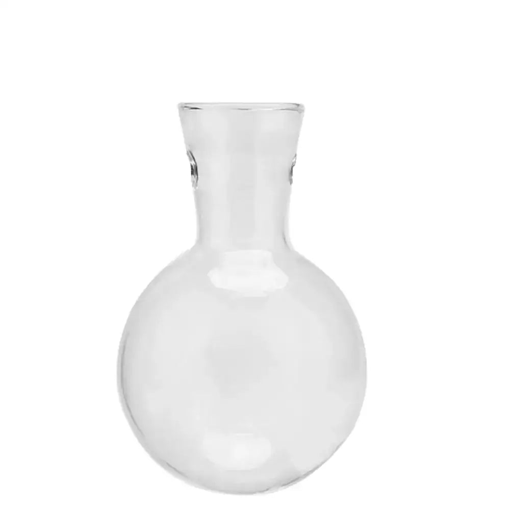 Clear glass vase carafe with rounded bulbous body and slender neck in modern wooden frame for terrarium decor