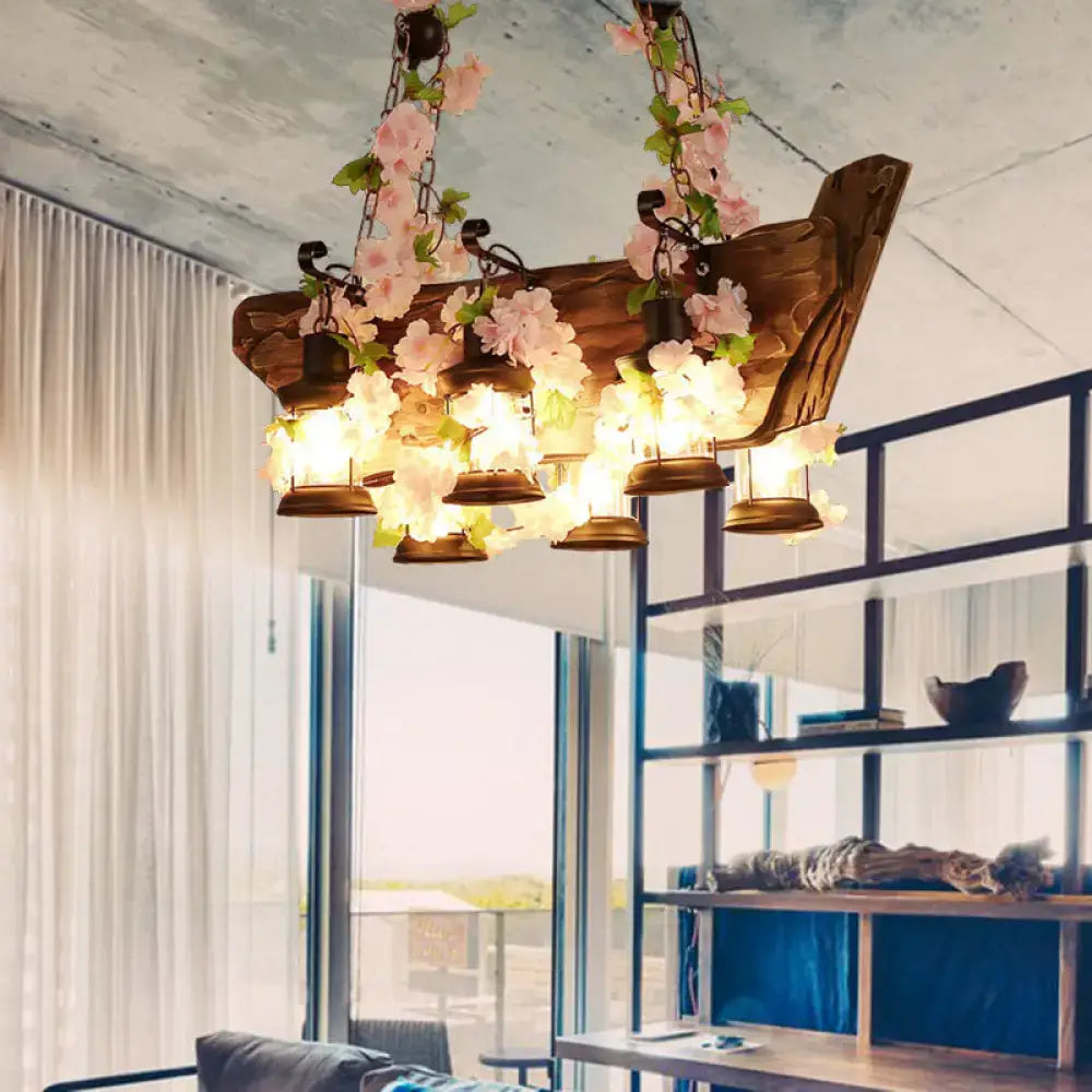 Decorbites™ modern wooden island pendant light with rustic boat design, pink flowers, industrial style e26 e27 bulbs