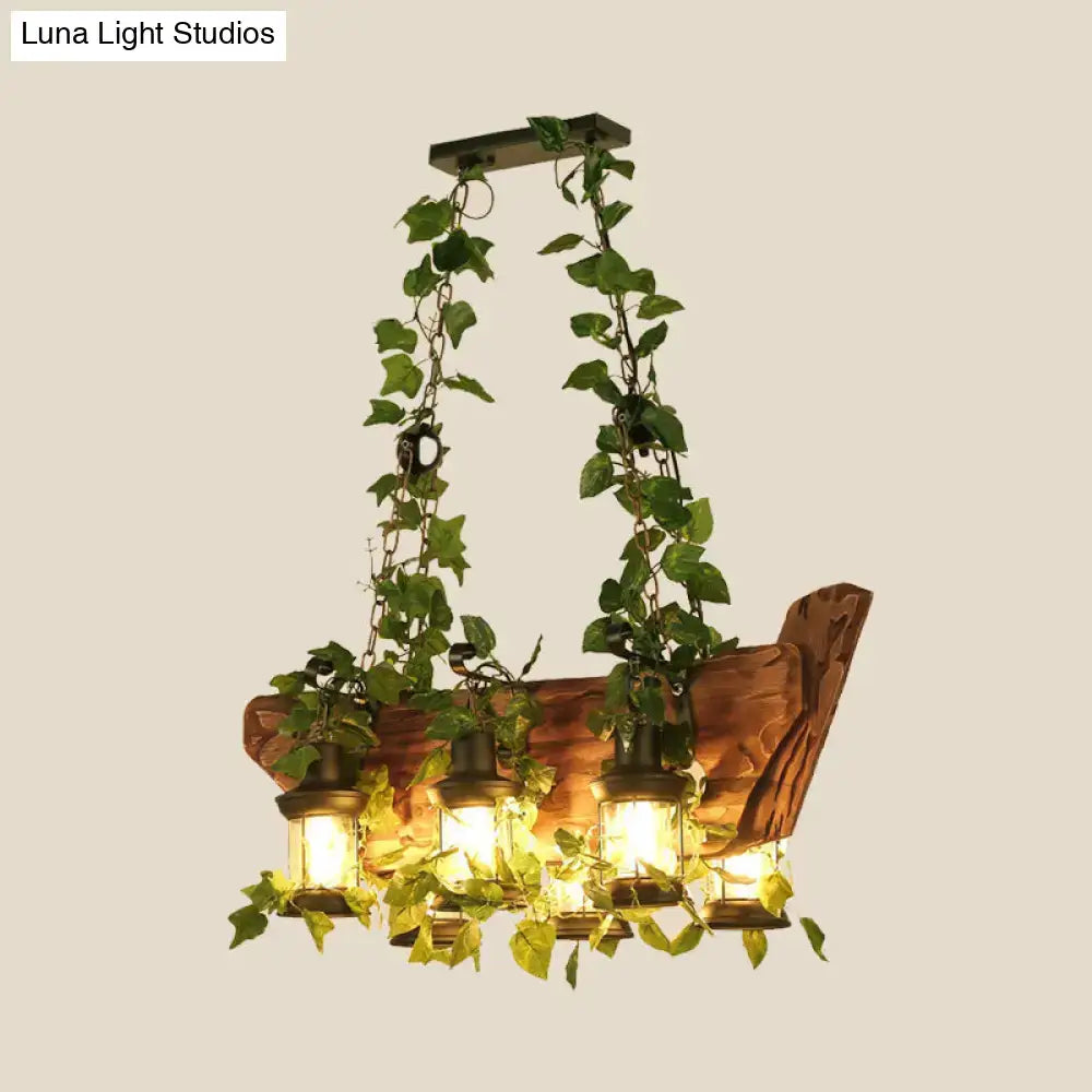 Rustic wooden pendant light with three glass lanterns and green ivy vines in industrial style e26 e27 hanging lamp kit