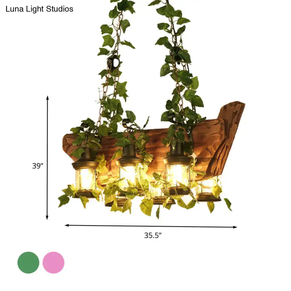 Rustic wooden pendant light with three glass lanterns green ivy vines industrial style e26 e27 bulbs hanging chains