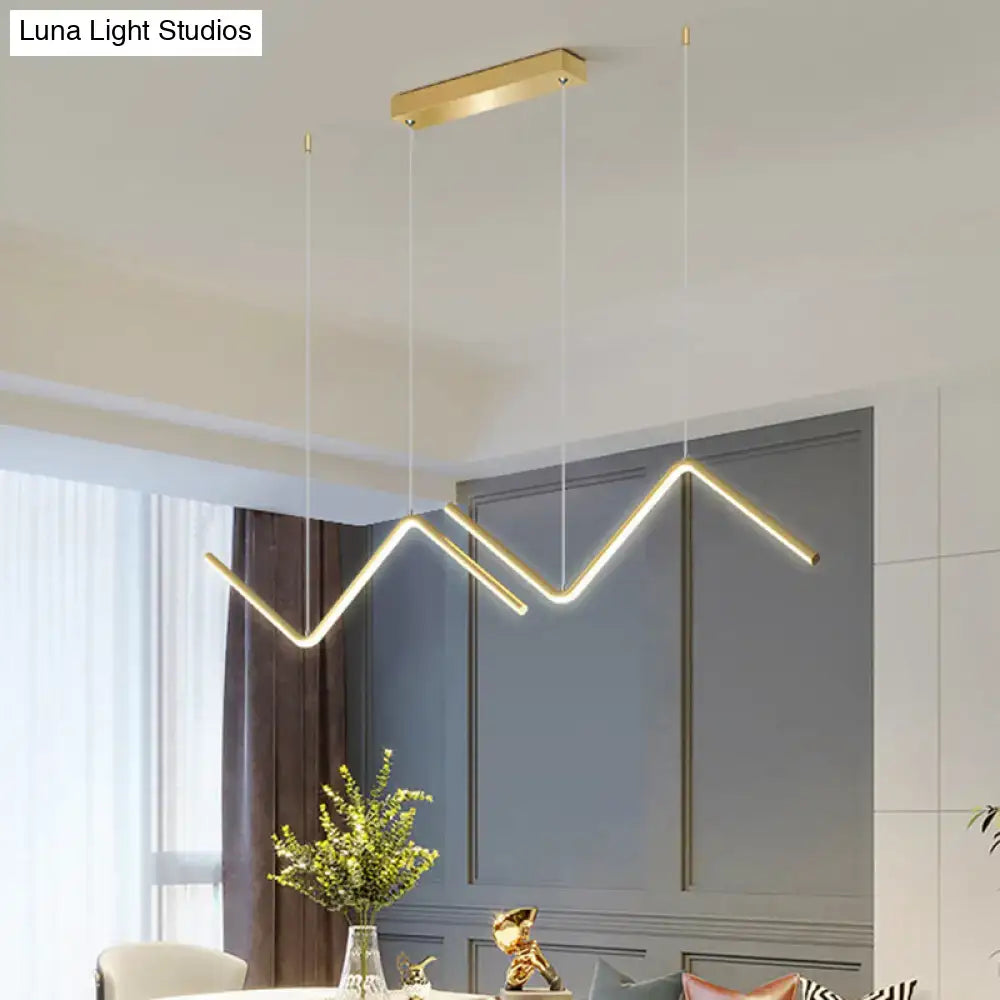 DecorBites modern gold metal hanging lamp with zigzag design and linear LED warm white light for dining room