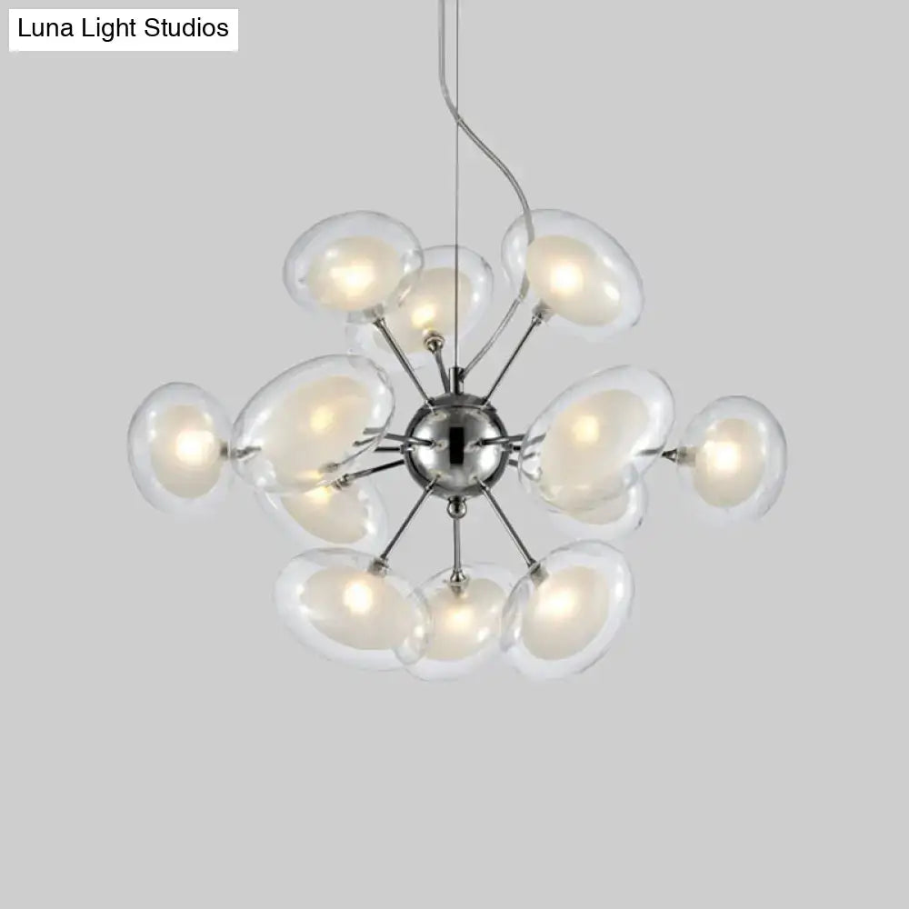 DecorBites modernist burst chandelier with 12 chrome lights and dual oblate glass globes radiating from a hub