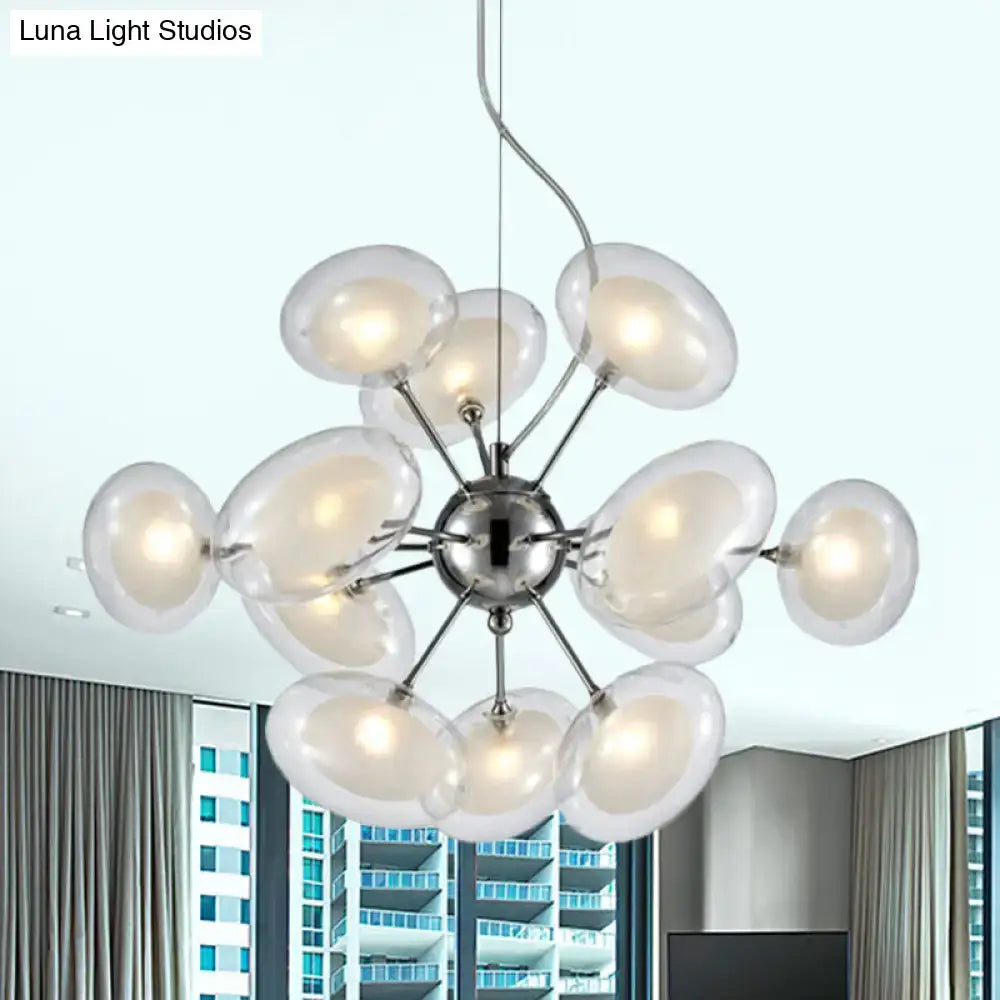 DecorBites™ modernist burst chandelier with 12 chrome suspension lights featuring dual oblate glass orbs