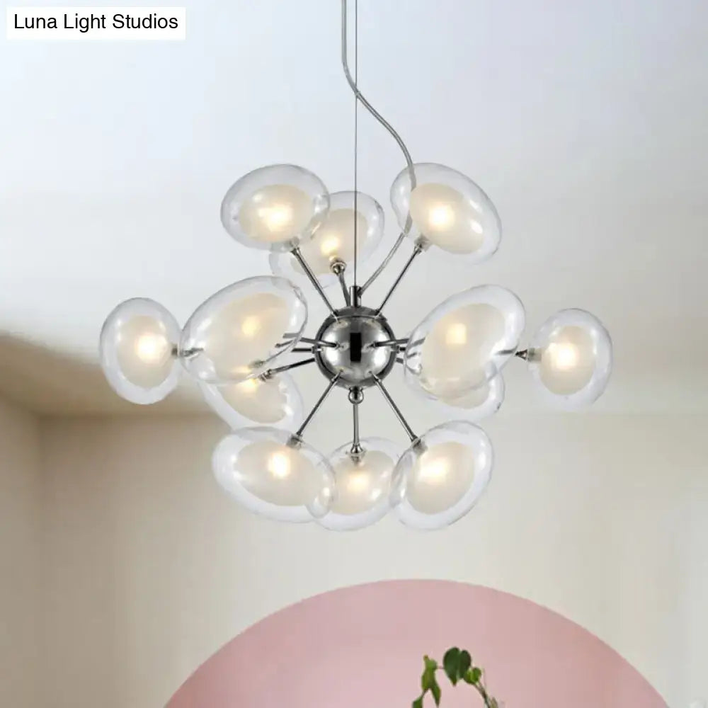 Decorbites™ modernist burst chandelier chrome finish with 12 dual oblate glass globe shades radiating from central hub