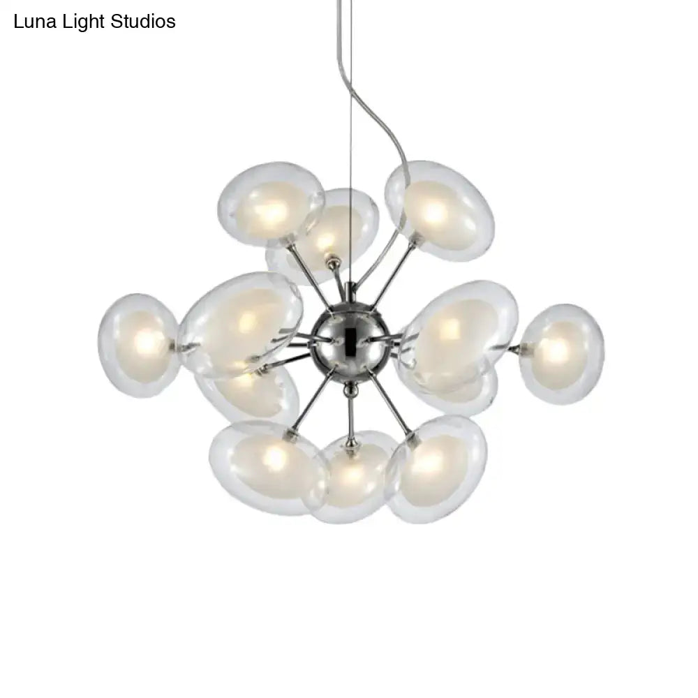 Modern chrome DecorBites™ 12-light chandelier featuring dual oblate glass globe shades radiating from a central hub