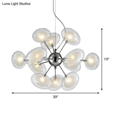 DecorBites™ modernist burst chandelier with 12 chrome lights and dual oblate glass globe shades in a spherical cluster