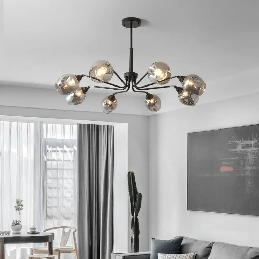 Black metal DecorBites modernist cup shape chandelier with eight smoke grey glass globes for living room lighting