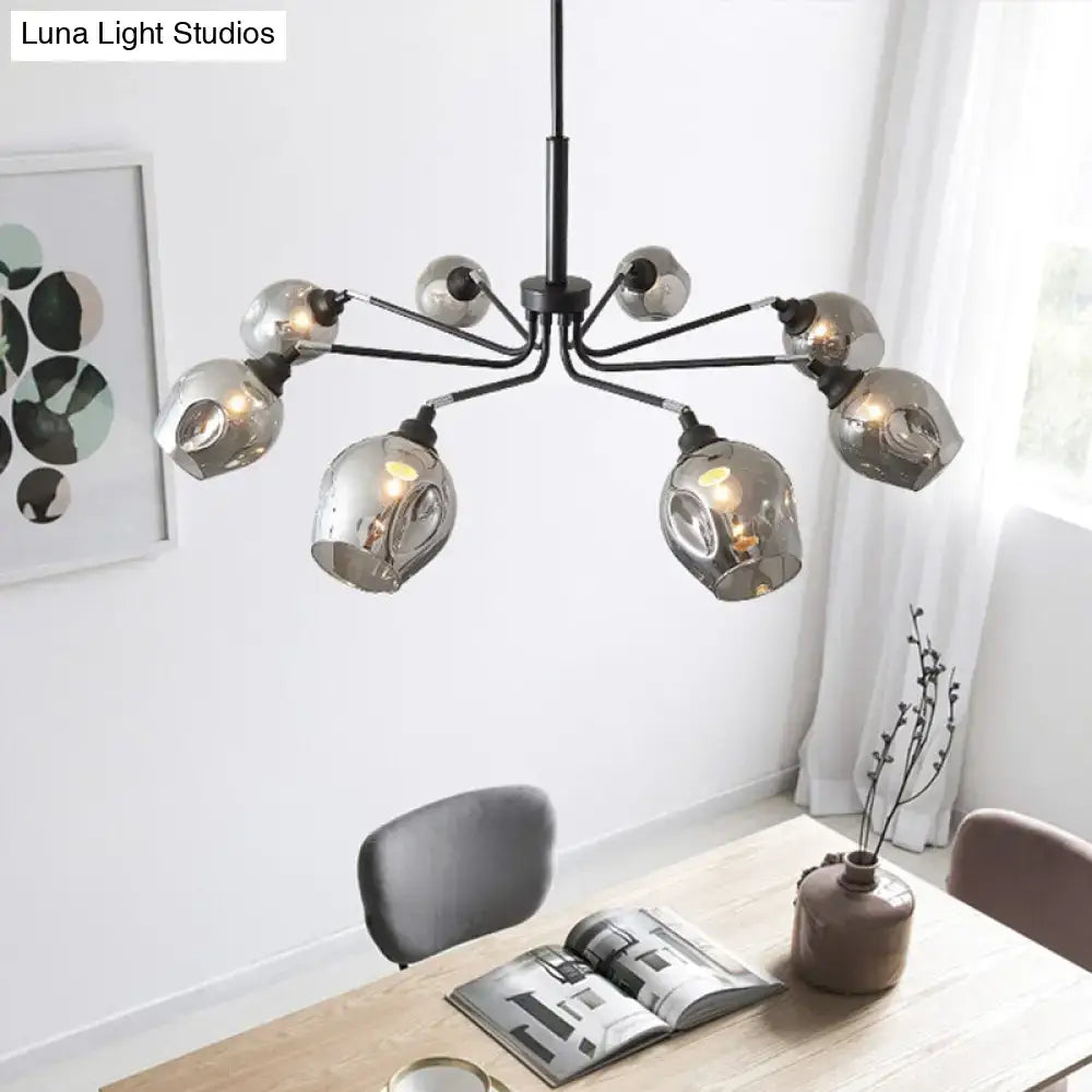 Modern black metal chandelier with eight reflective smoke grey glass cup shape shades for living room lighting