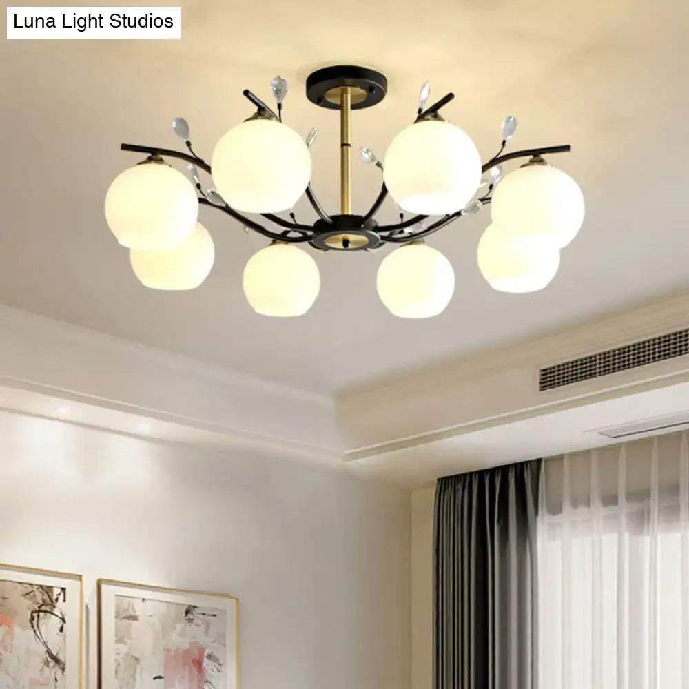 Decorbites™ modernist semi flush mount ceiling light with black and brass branches and cream clear glass globe bulbs