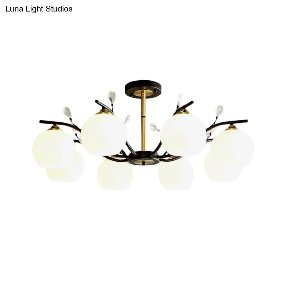 Decorbites modernist semi flush mount ceiling light with cream clear glass shades black arms and crystal accents