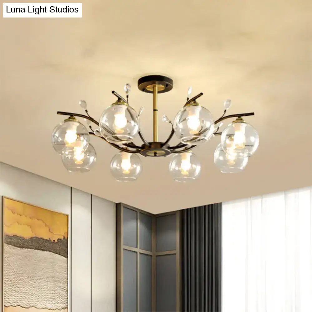 DecorBites™ modernist ceiling light with cream clear glass globes, brass frame, and crystal accents in black and gold