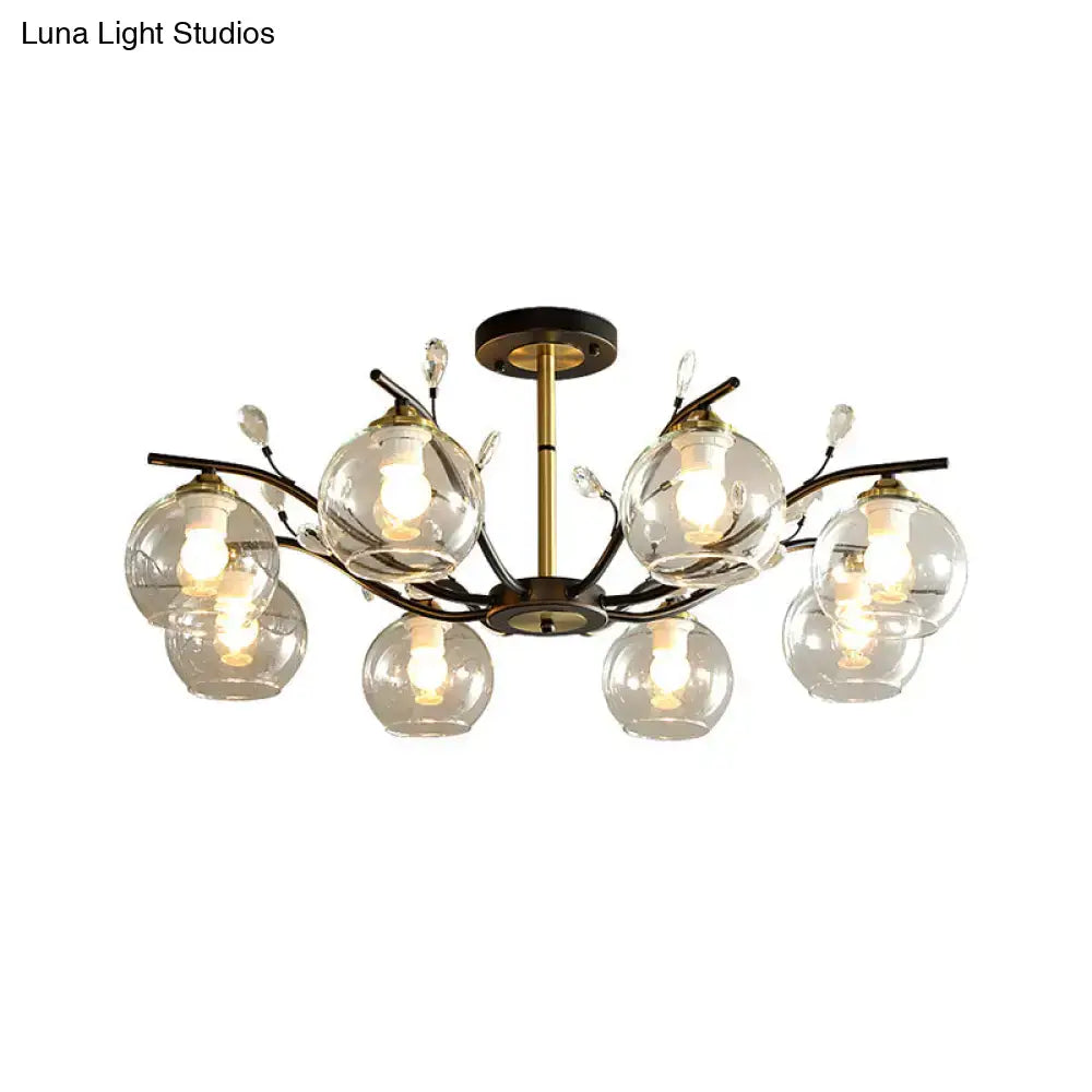 DecorBites Modernist semi flush mount ceiling light with cream clear glass globes and black and gold metal frame