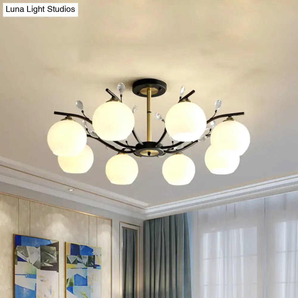 DecorBites™ modernist semi flush mount ceiling light with cream clear glass globes black metal frame and gold stem