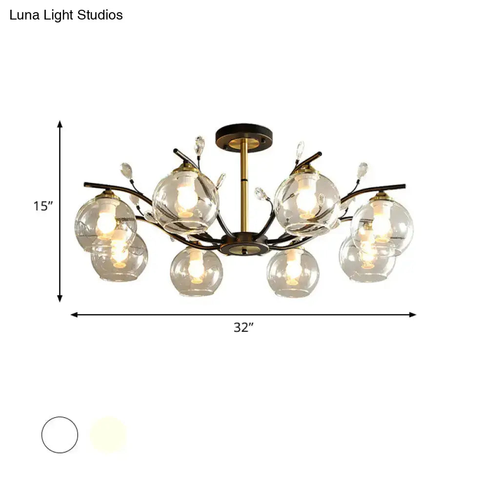 DecorBites modernist ceiling light with cream clear glass globes, black metal branches, and brass stem with crystal accent