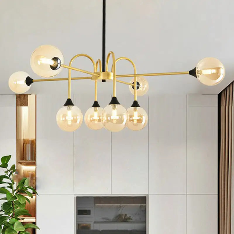 Decorbites™ modo glass suspension light gold finish dining room chandelier with six clear glass bulbs and black accents