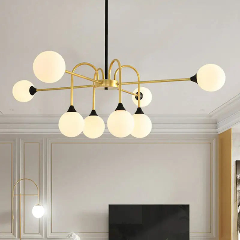 Decorbites modo gold finish dining room chandelier with six frosted glass globes and black accents, not clear glass