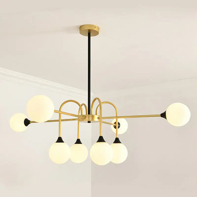 DecorBites Modo glass suspension light modern brass and black chandelier with frosted glass globes for dining room lighting