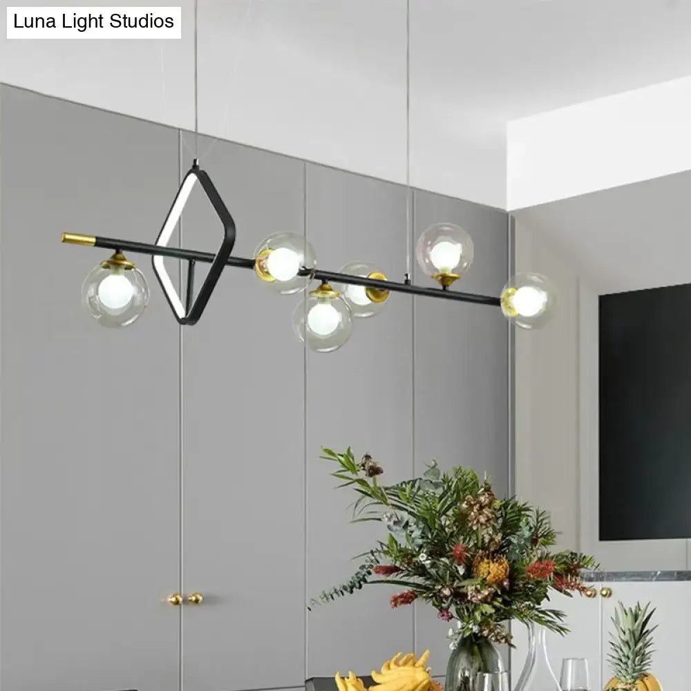 Modern black and gold geometric molecular dining room island pendant light with dual spherical glass bulbs