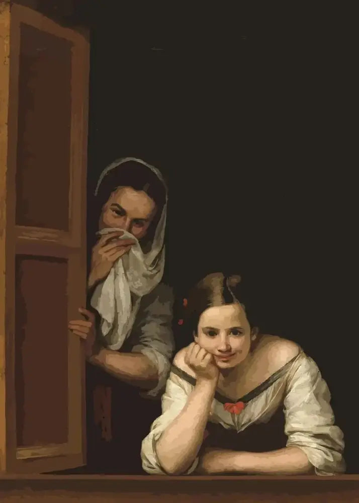 A classical oil painting of two women in period attire featured in decorbites™ mona lisa bathroom wall art decor
