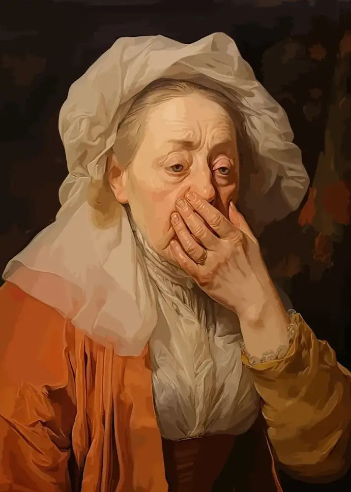 A classical oil painting portrait of an elderly woman in white cap and orange garment for mona lisa bathroom decor