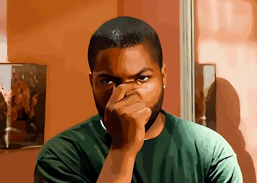 A man with short dark hair and beard wearing green t-shirt beside DecorBites™ Mona Lisa bathroom wall art decor
